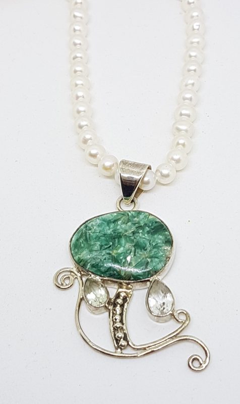 20200504_072332 Sterling Silver Large Ornate Turquoise, Green Amethyst and Clear Quartz Pendant on Pearl Bead Necklace