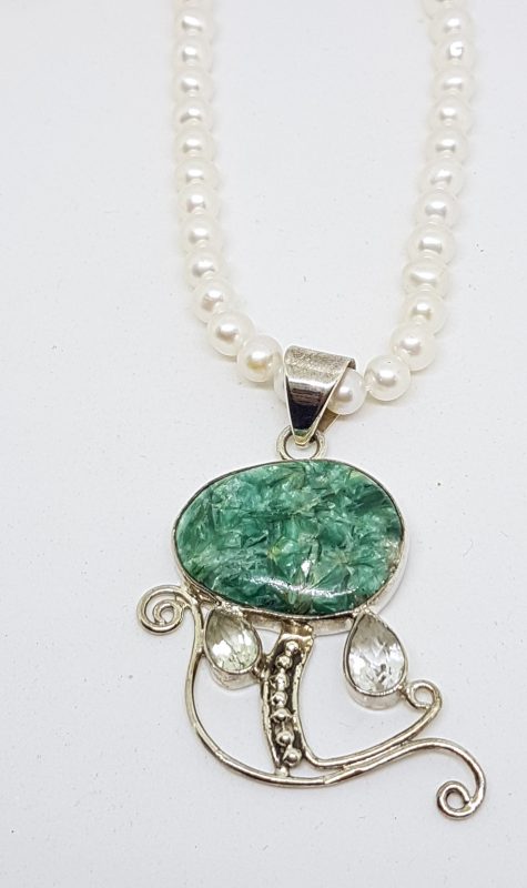 20200504_072346 Sterling Silver Large Ornate Turquoise, Green Amethyst and Clear Quartz Pendant on Pearl Bead Necklace