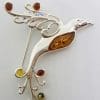 Sterling Silver Large Natural Amber Large Bird Brooch