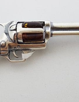 Sterling Silver Large Natural Amber Large Revolver / Pistol / Gun Brooch
