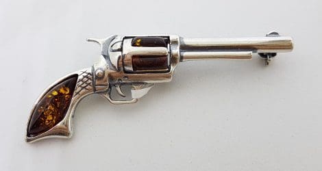 Sterling Silver Large Natural Amber Large Revolver / Pistol / Gun Brooch