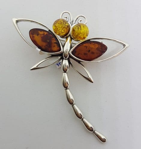 Sterling Silver Natural Amber Large Dragonfly Brooch