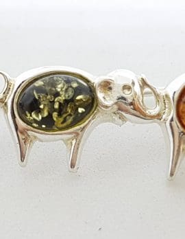 Sterling Silver Natural Multi-Colour Amber Three Elephants Brooch