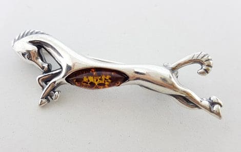 Sterling Silver Natural Amber Brown Horse Leaping Brooch