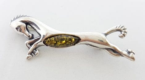 Sterling Silver Natural Amber Green Horse Leaping Brooch