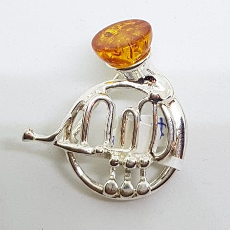 Sterling Silver Natural Amber French Horn Musical Brooch