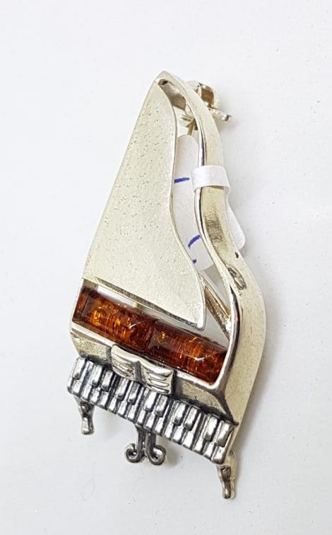 Sterling Silver Natural Amber Piano Musical Brooch