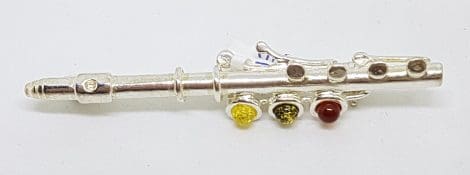 Sterling Silver Natural Multi-Colour Amber Flute Musical Brooch