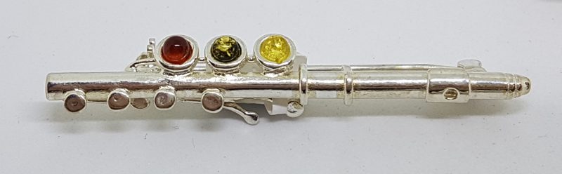 Sterling Silver Natural Multi-Colour Amber Flute Musical Brooch