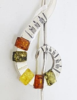 Sterling Silver Natural Multi-Colour Amber Large Treble Clef Musical Brooch