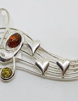 Sterling Silver Natural Multi-Colour Amber Large Treble Clef and Notes with Hearts Musical Brooch