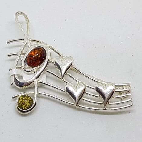 Sterling Silver Natural Multi-Colour Amber Large Treble Clef and Notes with Hearts Musical Brooch