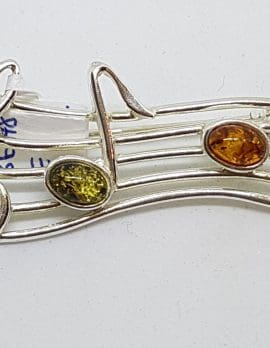 Sterling Silver Natural Multi-Colour Amber Large Treble Clef and Music Notes Musical Brooch