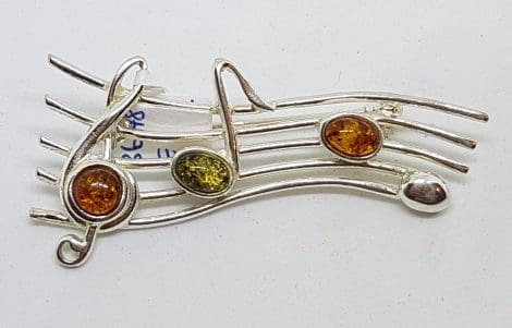 Sterling Silver Natural Multi-Colour Amber Large Treble Clef and Music Notes Musical Brooch