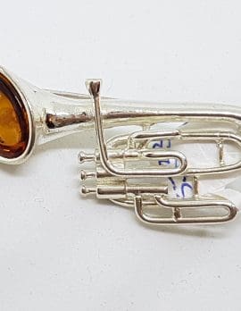 Sterling Silver Natural Amber Tuba Musical Brooch