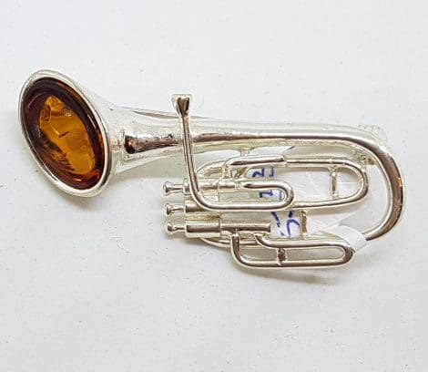 Sterling Silver Natural Amber Tuba Musical Brooch
