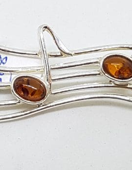 Sterling Silver Natural Amber Large Treble Clef and Music Notes Musical Brooch