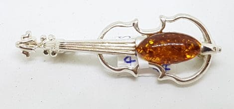 Sterling Silver Natural Amber Violin Musical Brooch