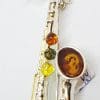 Sterling Silver Natural Multi-Colour Amber Saxophone Musical Brooch