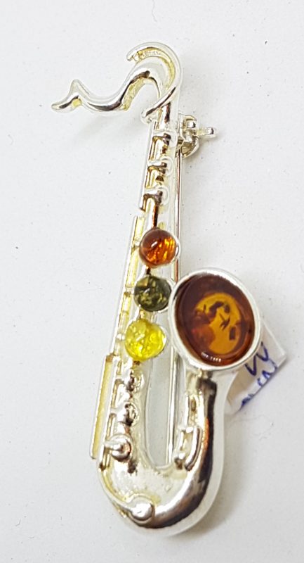 Sterling Silver Natural Multi-Colour Amber Saxophone Musical Brooch