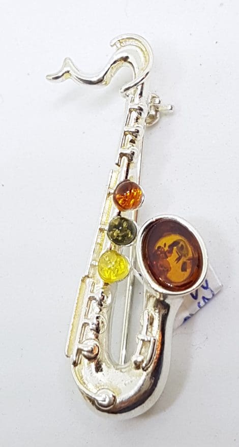 Sterling Silver Natural Multi-Colour Amber Saxophone Musical Brooch