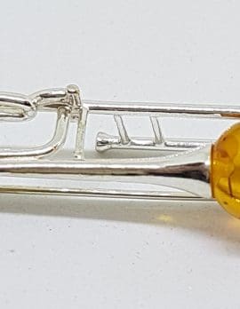 Sterling Silver Natural Multi-Colour Amber Trombone Musical Brooch