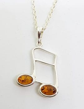 Sterling Silver Natural Amber Music Note Brown Musical Pendant on Silver Chain