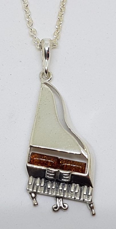 Sterling Silver Natural Amber Piano Musical Pendant on Silver Chain