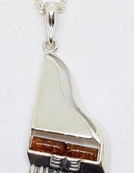 Sterling Silver Natural Amber Piano Musical Pendant on Silver Chain