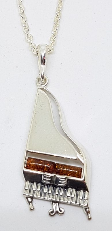 Sterling Silver Natural Amber Piano Musical Pendant on Silver Chain