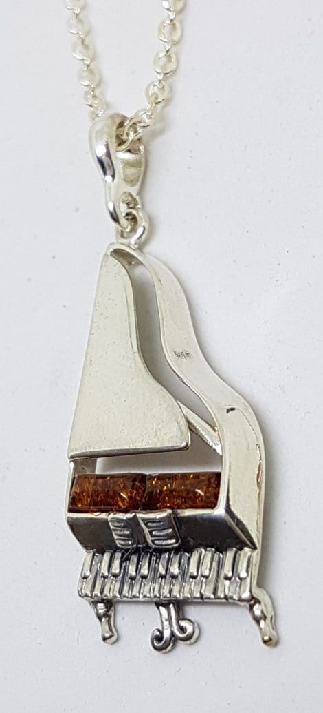 Sterling Silver Natural Amber Piano Musical Pendant on Silver Chain