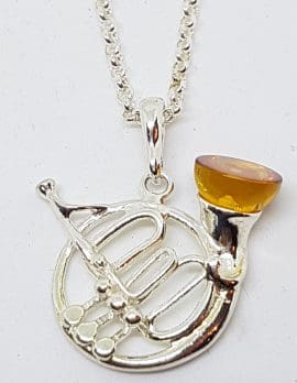 Sterling Silver Natural Amber French Horn Musical Pendant on Silver Chain