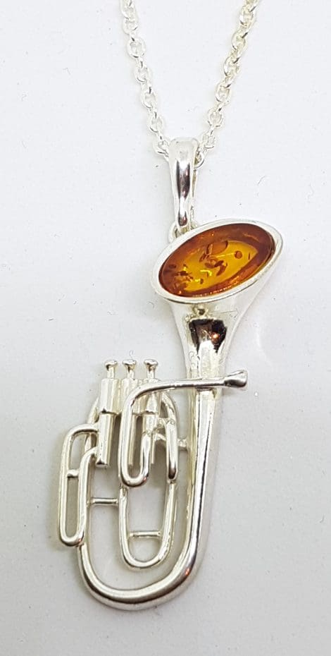 Sterling Silver Natural Amber Tuba Musical Pendant on Silver Chain