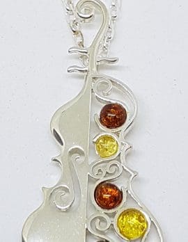 Sterling Silver Natural Multi-Colour Amber Large Cello / Bass Musical Pendant on Silver Chain