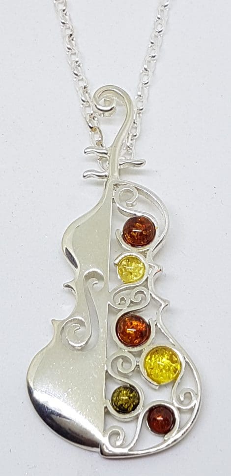 Sterling Silver Natural Multi-Colour Amber Large Cello / Bass Musical Pendant on Silver Chain