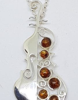Sterling Silver Natural Amber Large Cello / Bass Musical Pendant on Silver Chain