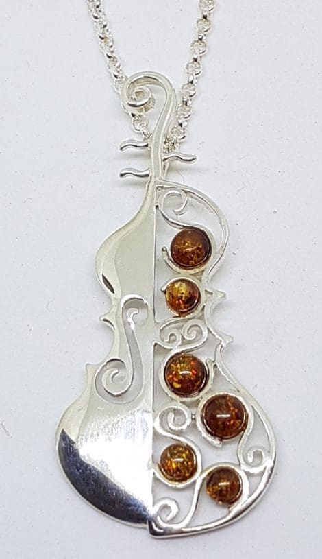 Sterling Silver Natural Amber Large Cello / Bass Musical Pendant on Silver Chain