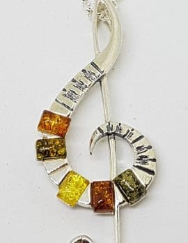 Sterling Silver Natural Multi-Colour Amber Large Treble Clef Musical Pendant on Silver Chain
