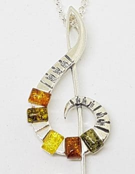Sterling Silver Natural Multi-Colour Amber Large Treble Clef Musical Pendant on Silver Chain