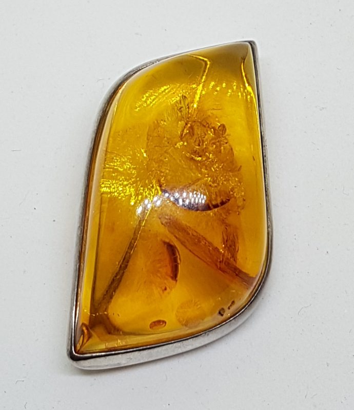 Sterling Silver Natural Amber Chunky Large Leaf Shape Brooch