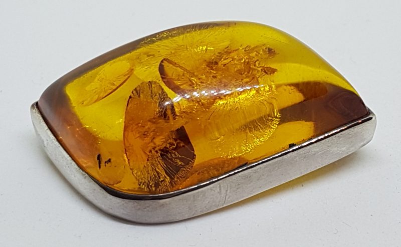Sterling Silver Natural Amber Chunky Large Leaf Shape Brooch