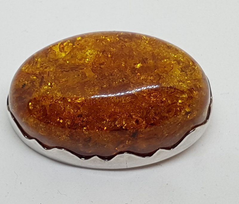 Sterling Silver Natural Amber Chunky Large Oval Brooch