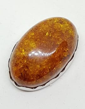 Sterling Silver Natural Amber Chunky Large Oval Brooch