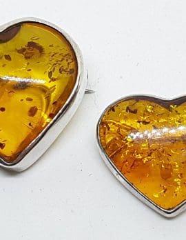 Sterling Silver Natural Amber Heart Brooch