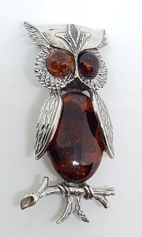 Sterling Silver Natural Amber Large Owl Brooch