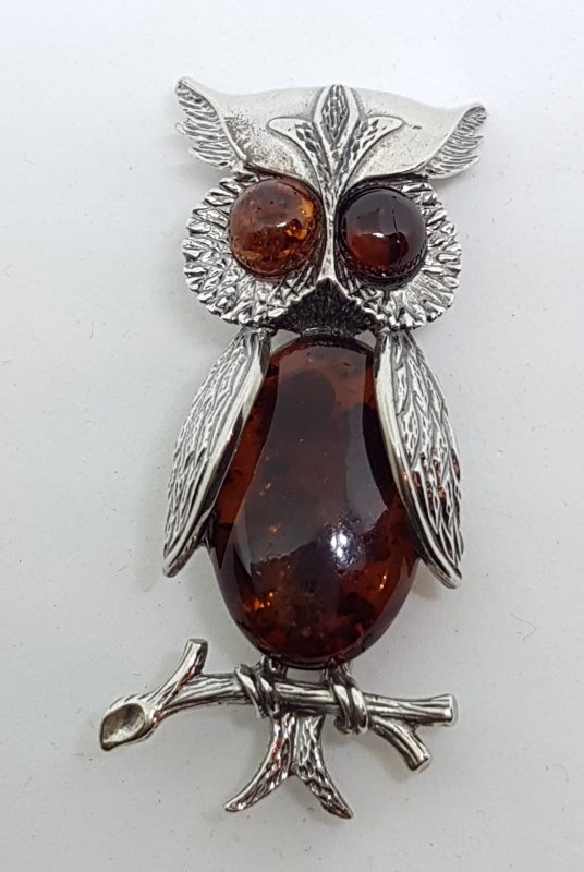 Sterling Silver Natural Amber Large Owl Brooch