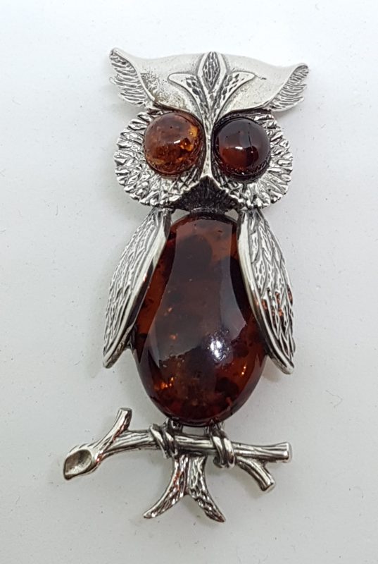 Sterling Silver Natural Amber Large Owl Brooch