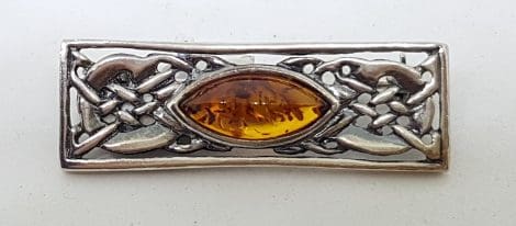 Sterling Silver Natural Amber Ornate Celtic Bar Brooch