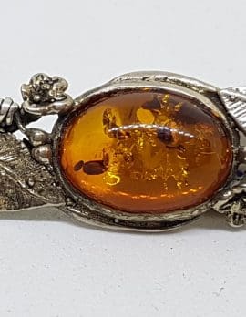 Sterling Silver Natural Amber Ornate Bar Brooch