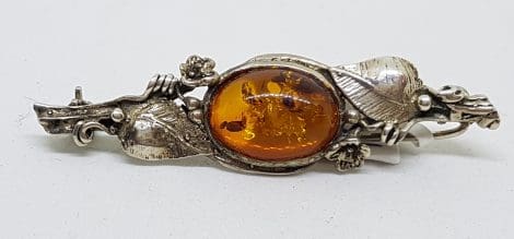 Sterling Silver Natural Amber Ornate Bar Brooch